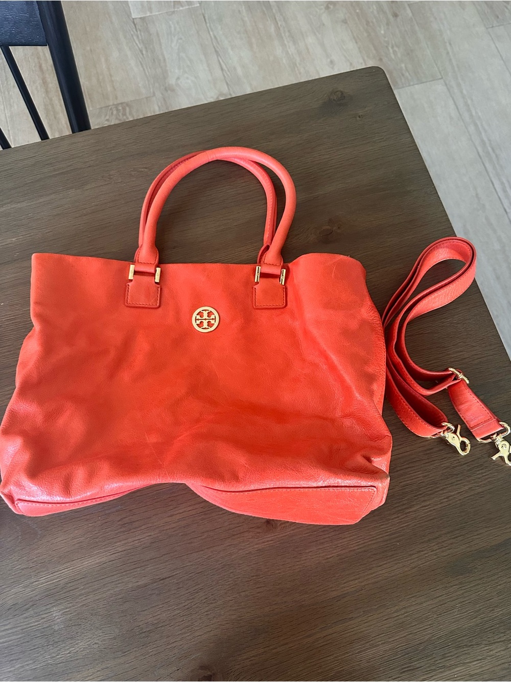 Tory Burch Coral-Orange Pebbled Leather Tote with Detachable Strap